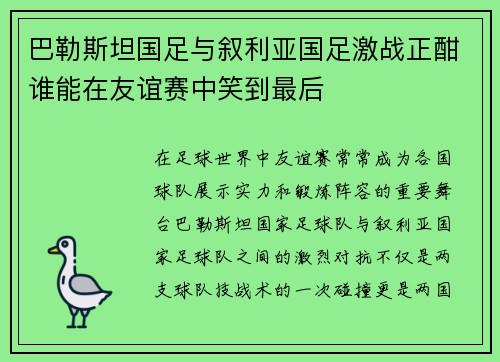 巴勒斯坦国足与叙利亚国足激战正酣谁能在友谊赛中笑到最后